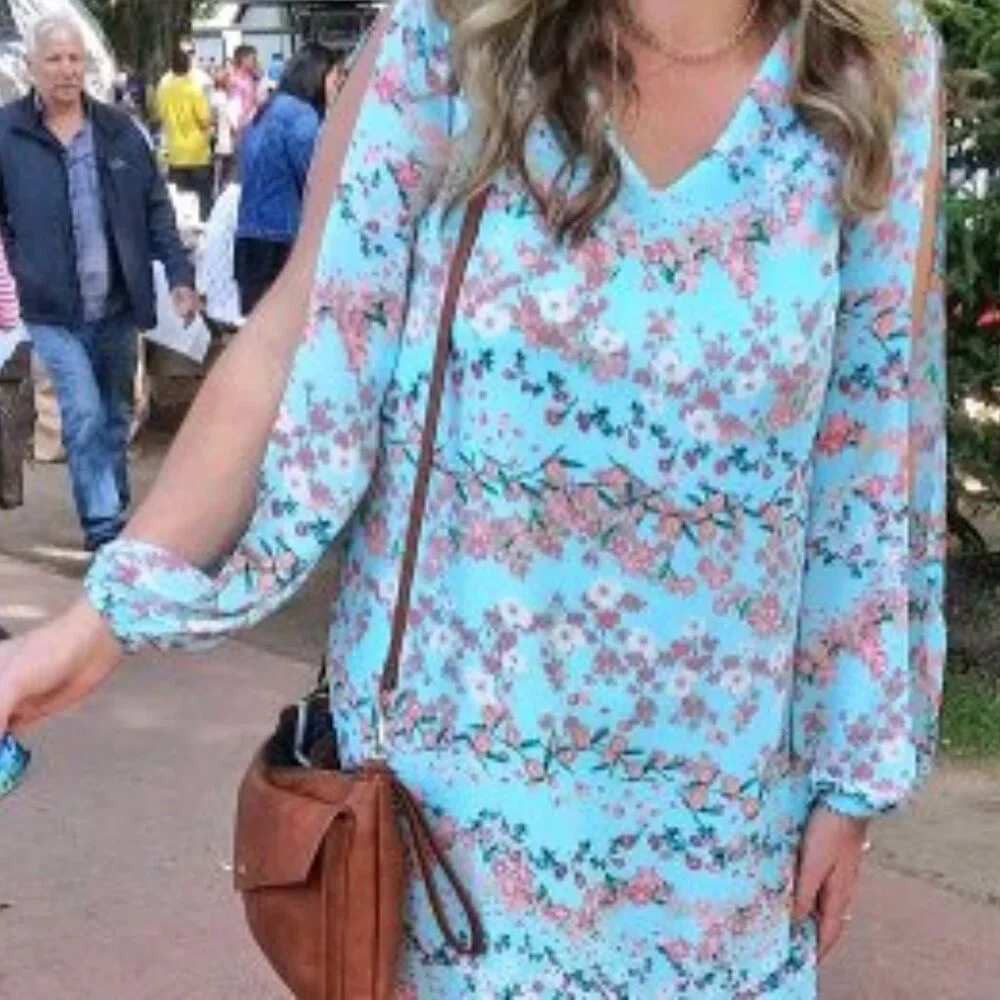 Worthington women's dress, blue, floral, lined, slit, long sleeve, V-neck - Picture 5 of 5